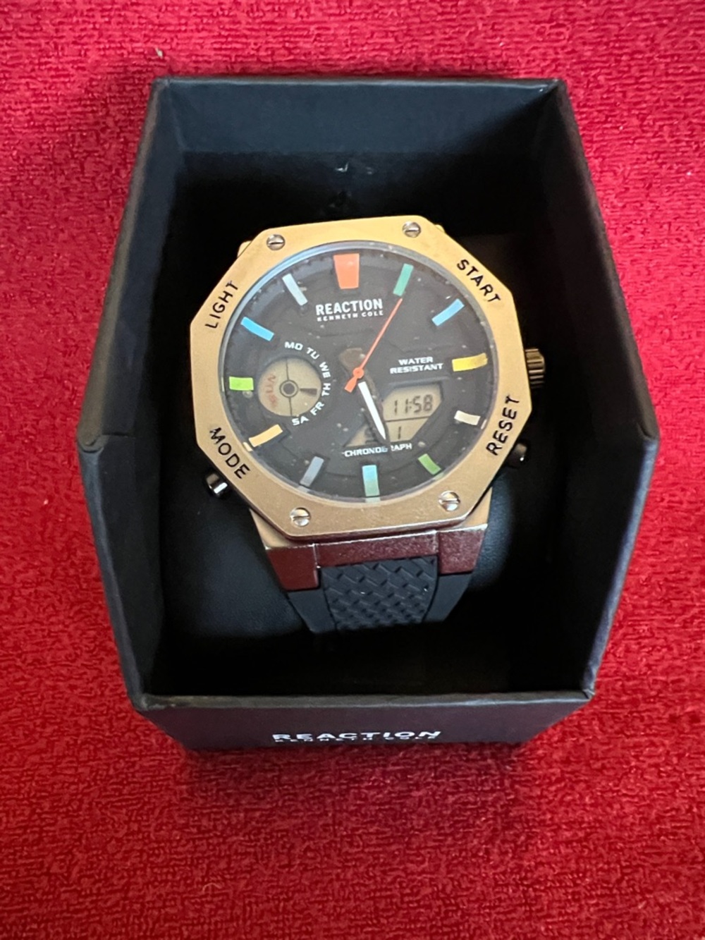 Reaction Kenneth Cole Gold-Tone Case Black Dial Watch with Colorful Markers